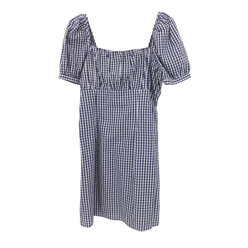 Forever‎ That Girl Navy White Gingham Puff Sleeve Square Neck Midi Dress Size S